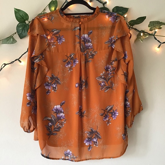 Orange Floral Ruffle Blouse - Picture 3 of 4